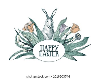 Happy Easter greeting card with flowers and rabbit. Hand drawn vector illustration. Retro style.