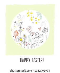 Happy Easter greeting card with flowers and bird, vintage design. Vector graphic illustration