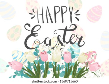 Happy Easter. Greeting card with flowers and eggs
