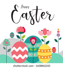 Happy Easter greeting card with flowers and eggs, flat vector illustration 