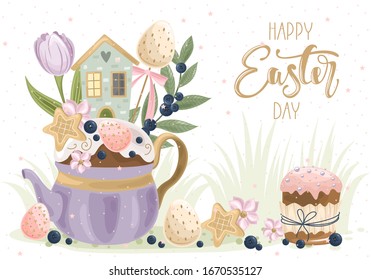 Happy Easter greeting card with flowers, eggs, rabbit, chicken, elements composition.
 Printing on fabric, paper, cards, invitations.
