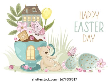 Happy Easter greeting card with flowers, eggs, rabbit, chicken, elements composition.
 Printing on fabric, paper, cards, invitations.