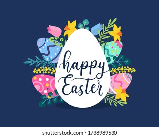 Happy Easter greeting card with flowers and lettering vector illustration. Cheerful spring holiday flat style. Blooming flowers and painted eggs. Isolated on navy background