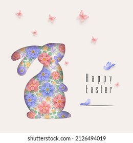Happy Easter greeting card with flowers, herb, plant decoration inside layered silhouettes of rabbit