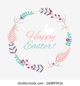 Happy Easter greeting card with flowers eggs and rabbit elements composition.