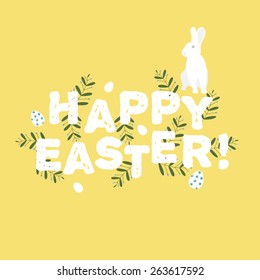 Happy Easter greeting card with flowers eggs and rabbit elements composition.