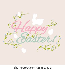Happy Easter greeting card with flowers eggs and rabbit elements composition.