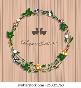 Happy Easter greeting card with flowers eggs and rabbit elements composition.