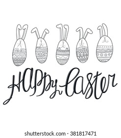 Happy Easter greeting card with flowers eggs and rabbit elements composition