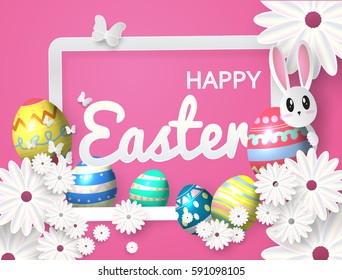 Happy Easter greeting card with flowers eggs and rabbit elements composition. EPS10 vector