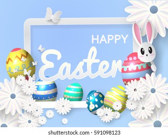 Happy Easter greeting card with flowers eggs and rabbit elements composition. EPS10 vector