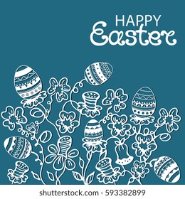 Happy Easter greeting card with flowers and paschal eggs on a blue background