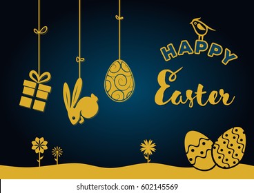 Happy Easter greeting card with flowers eggs and rabbit elements.