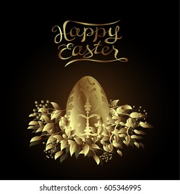 Happy easter greeting card with flowers composition. Vector illustration.