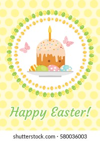 Happy Easter greeting card, flyer, poster with Easter cake and eggs. Spring cute template for your design. Vector illustration