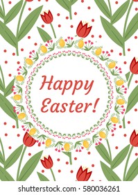 Happy Easter greeting card, flyer, poster with red tulips. Spring cute template for your design. Vector illustration