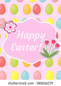 Happy Easter greeting card, flyer, poster with red tulips and eggs. Spring cute template for your design. Vector illustration