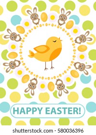 Happy Easter greeting card, flyer, poster with yellow chick. Spring cute template for your design. Vector illustration