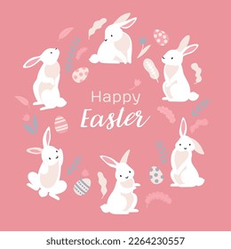 Happy easter greeting card with frame of cute white cartoon rabbits on pink background flat vector illustration