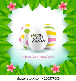 Happy easter greeting card. Frame from leaves with colored eggs. Vector illustration