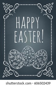 Happy Easter greeting card. Easter frame with hand drawn and vectorized flourishes and Eggs on a chalkboard. 