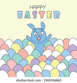 Happy Easter greeting card full of colorful eggs and a bunny.