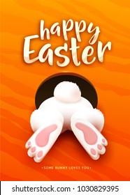 Happy Easter greeting card with funny cartoon white easter bunny ass, foot, tail in the hole on bright orange background. Celebration holiday lettering text. Vector illustration