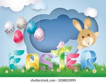 Happy Easter Greeting Card, Funny Rabbit Leaning out of cloud Frame with eggs Hanging in sky, Abstract Bunny, Colorful Ribbon Easter Alphabet Letters on a green grass, Paper art vector illustration