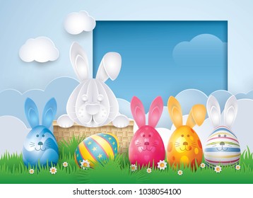 Happy Easter Greeting Card, Funny Rabbit Leaning out of cloud Frame with eggs Hanging in sky, Abstract Bunny, Colorful Ribbon Easter Alphabet Letters on a green grass, Paper art vector illustration