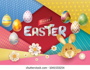 Happy Easter Greeting Card, Funny Rabbit Leaning out of Frame, Colorful Easter Eggs Hanging and white flowers, Abstract Geometric Background, Abstract Bunny, Paper art vector illustration