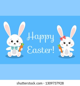 Happy Easter greeting card with funny rabbits holding carrot. Cute and sweet baby bunnys in sitting pose. Vector character background illustration in cartoon flat style. Childrens holiday disign.