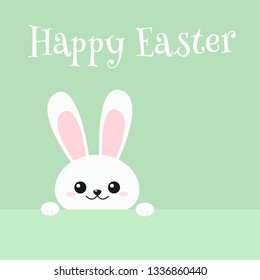 Happy Easter greeting card with funny peeking rabbit. Vector illustration on green background