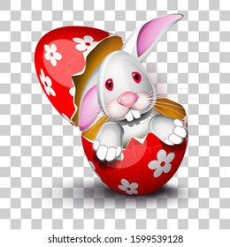 Happy Easter greeting card, a funny rabbit is driving a decorated egg shell over a pruple background