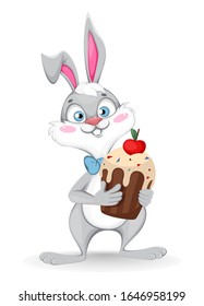 Happy Easter greeting card. Funny cartoon rabbit holds Easter cake. Stock vector illustration 