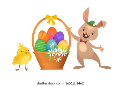 Happy Easter Greeting Card with Funny Bunny and Egg Basket with flowers. Cute Easter Bunny, Yellow Happy Chick on White Background. Vector illustration