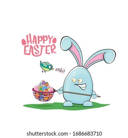 Happy easter greeting card with funny cartoon blue rabbit holding butterfly net. Easter egg hunt hand drawn concept illustration banner.
