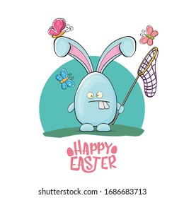 Happy easter greeting card with funny cartoon blue rabbit holding butterfly net. Easter egg hunt hand drawn concept illustration banner.