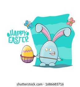 Frohe Ostergrußkarte mit lustigen Cartoon-blauen Kaninchen, die Schmetterlingsnetz hält. Osterei Jagd handgezeichnet Konzept Illustration Banner.