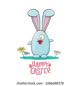 Happy easter greeting card with funny cartoon smiling blue bunny . Easter hand drawn banner or poster with funky rabbit.