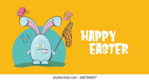 Happy easter greeting card with funny cartoon blue rabbit holding butterfly net. Easter egg hunt hand drawn concept horizontal banner.