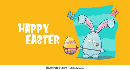 Happy easter greeting card with funny cartoon blue rabbit holding butterfly net with colorful egg. Easter egg hunt hand drawn concept horizontal banner.