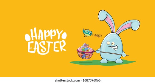 Happy easter greeting card with funny cartoon blue rabbit holding butterfly net with colorful egg. Easter egg hunt hand drawn concept horizontal banner.