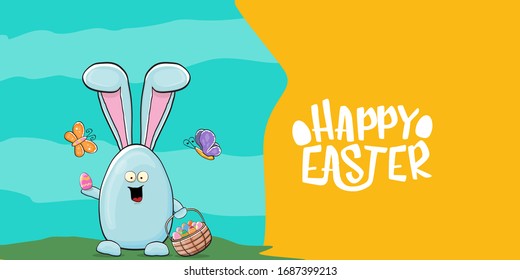 Happy easter greeting card with funny cartoon blue rabbit holding easter basket with stack of colorful eggs. Easter egg hunt graphic hand drawn concept horizontal  banner.