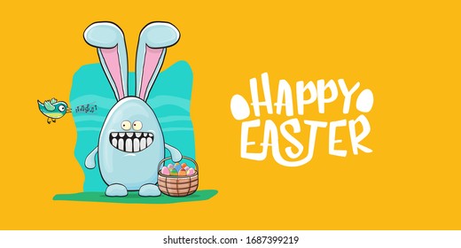 Happy easter greeting card with funny cartoon blue rabbit holding easter basket with stack of colorful eggs. Easter egg hunt graphic hand drawn concept horizontal  banner.