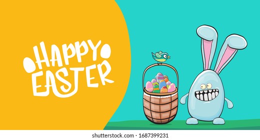 Happy easter greeting card with funny cartoon blue rabbit holding easter basket with stack of colorful eggs. Easter egg hunt graphic hand drawn concept horizontal  banner.