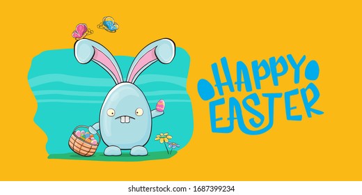 Happy easter greeting card with funny cartoon blue rabbit holding easter basket with stack of colorful eggs. Easter egg hunt graphic hand drawn concept horizontal  banner.