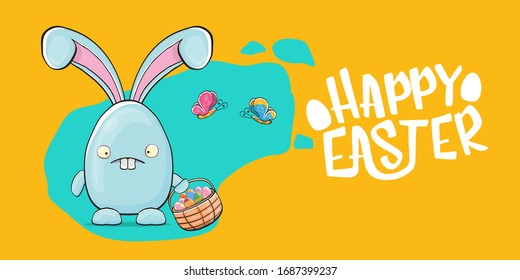 Happy easter greeting card with funny cartoon blue rabbit holding easter basket with stack of colorful eggs. Easter egg hunt graphic hand drawn concept horizontal  banner.