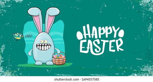 Happy easter greeting card with funny cartoon blue easter bunny character holding easter basket with stack of colorful eggs. Vector Easter egg hunt graphic hand drawn concept horizontal banner.