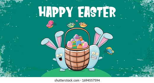 Happy easter greeting card with funny cartoon blue easter bunny character holding easter basket with stack of colorful eggs. Vector Easter egg hunt graphic hand drawn concept horizontal banner.