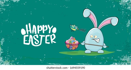 Happy easter greeting card with funny cartoon blue easter bunny character holding butterfly net with colorful egg. Vector Easter egg hunt hand drawn concept horizontal banner.